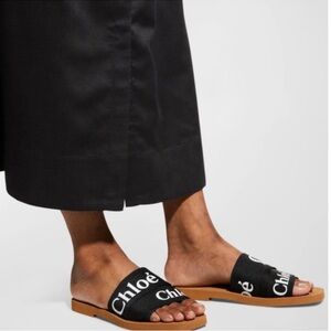 Authentic Chloe Black Woody Linen Slides Size 42